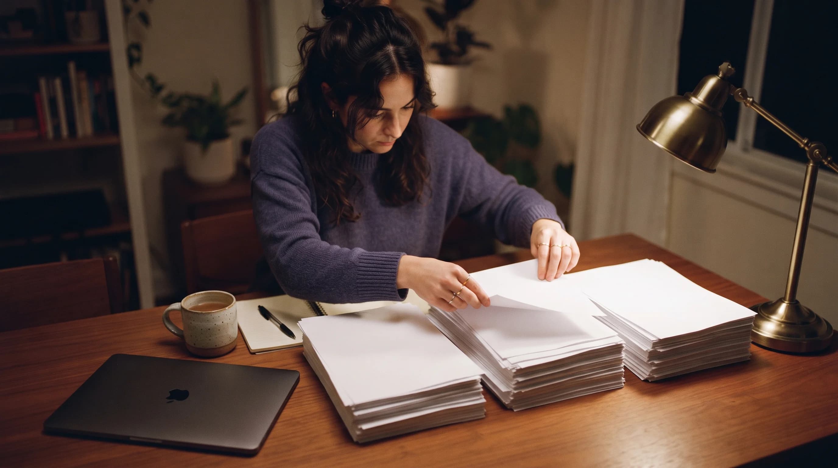 A person at a kitchen table with paperwork and a laptop, gathering their own records.