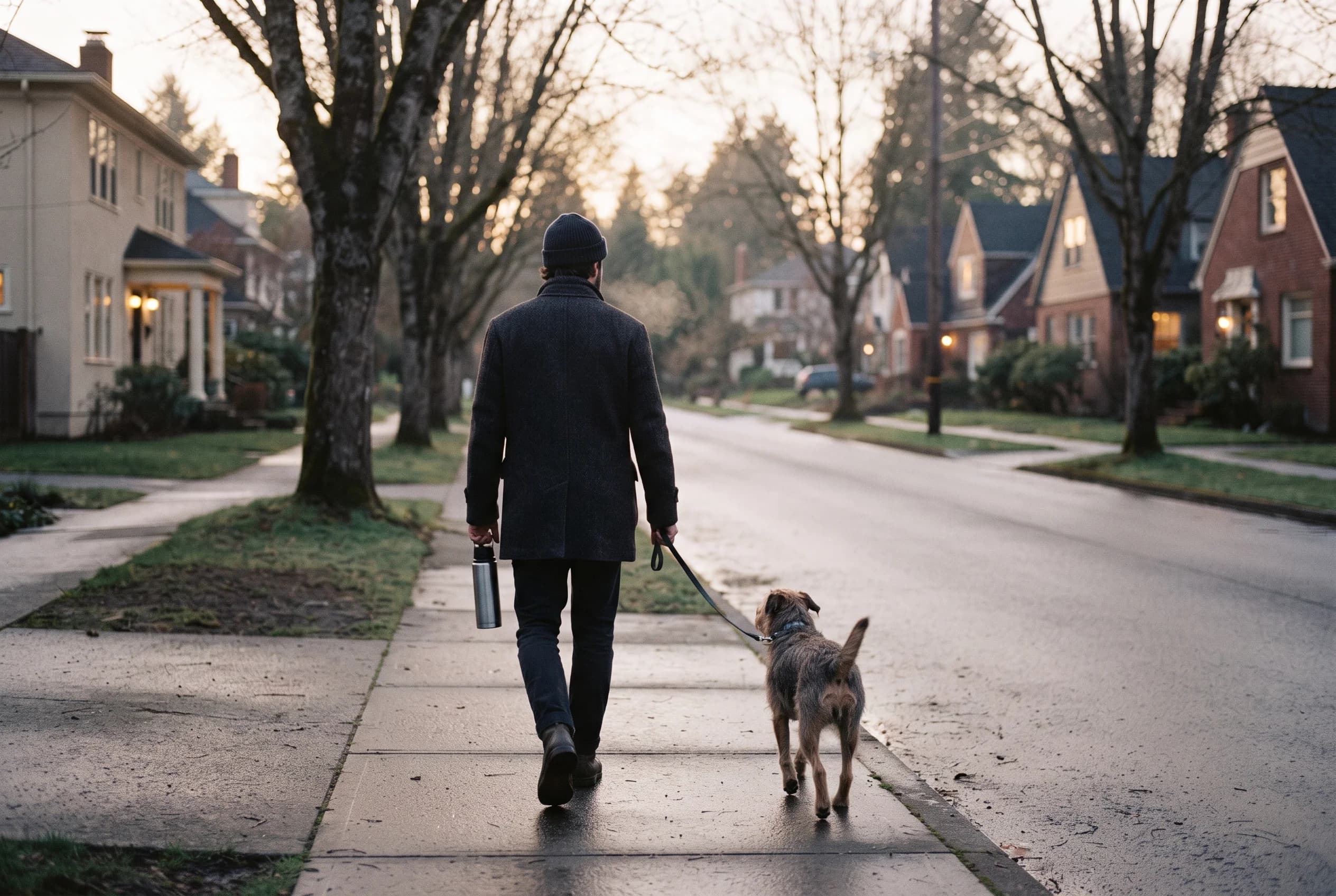 A quiet street at dawn, somebody walking with a coffee.
